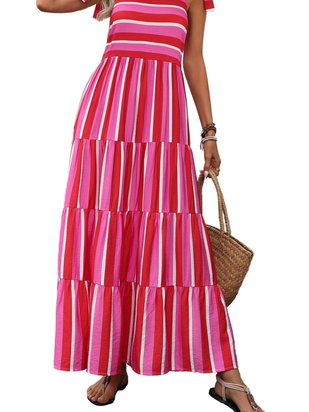 Striped Pink Tiered Maxi Dress - Casual Summer